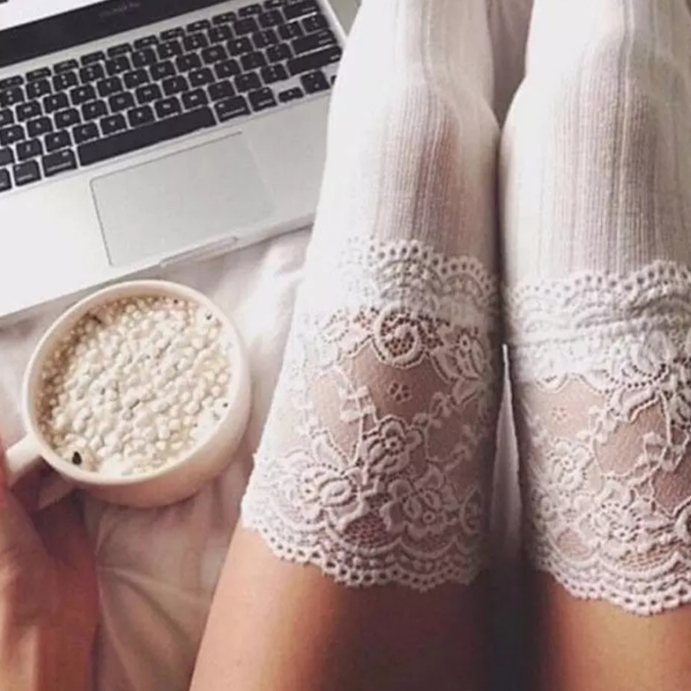 Grey Lace Thigh High Socks - Picture 2 of 2